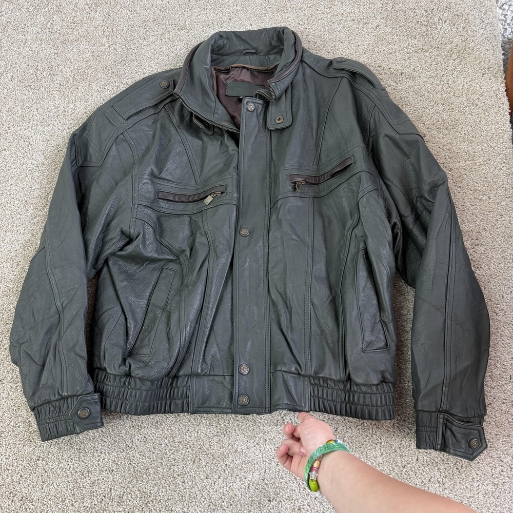 Vintage Saxony Leather Jacket Mens XL Green Bomber Elastic Zip Pockets Lined